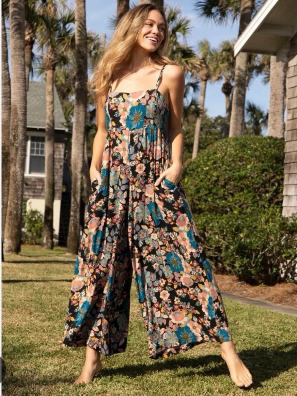 NATURAL LIFE black floral Floral Jumpsuit adjustable straps  45” long med